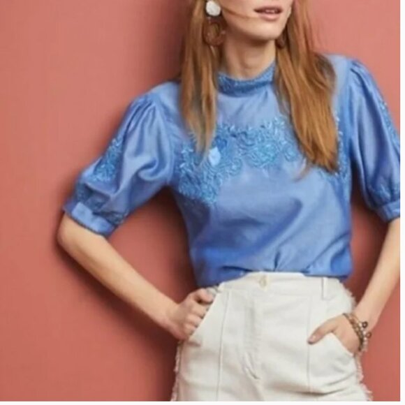 Anthropologie Payal Jain Carrington Blue Embroidered Blouse - Picture 1 of 6